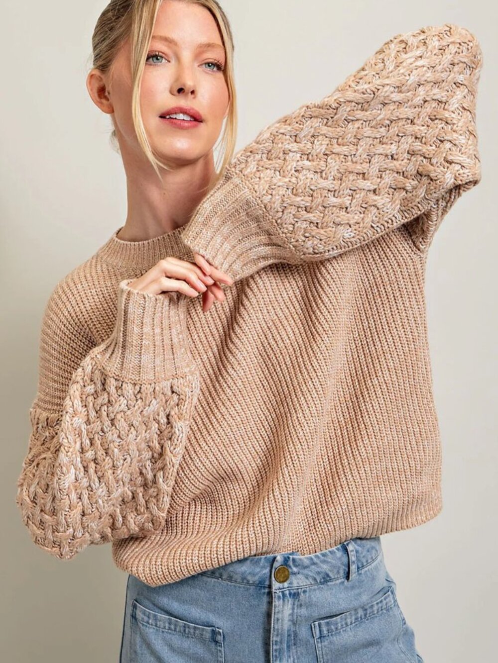 EE SOME Parchment Cable Knit Sleeve Drop Shoulder Sweater